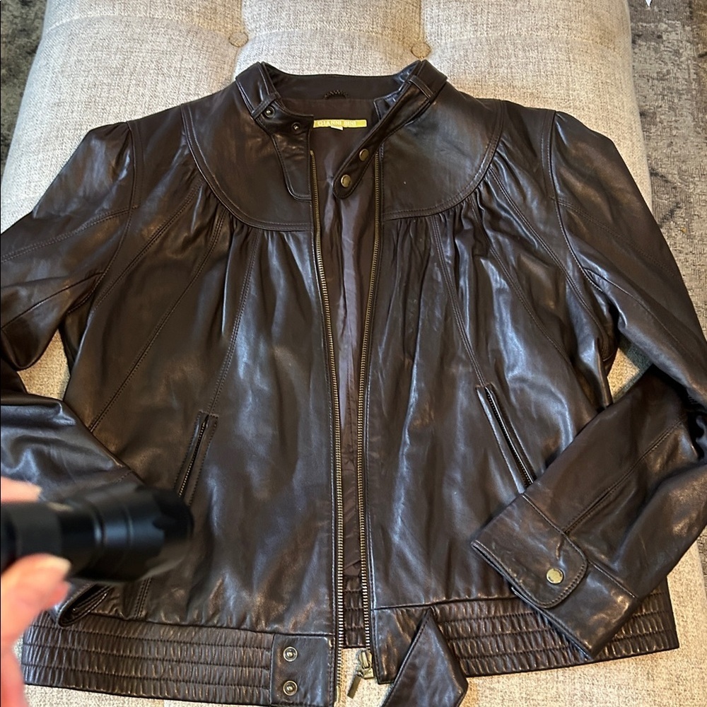 GIANNI  BINI CHOCOLATE BROWN SOFT LEATHER MOTO BOMBER JACKET SIZE LARGE